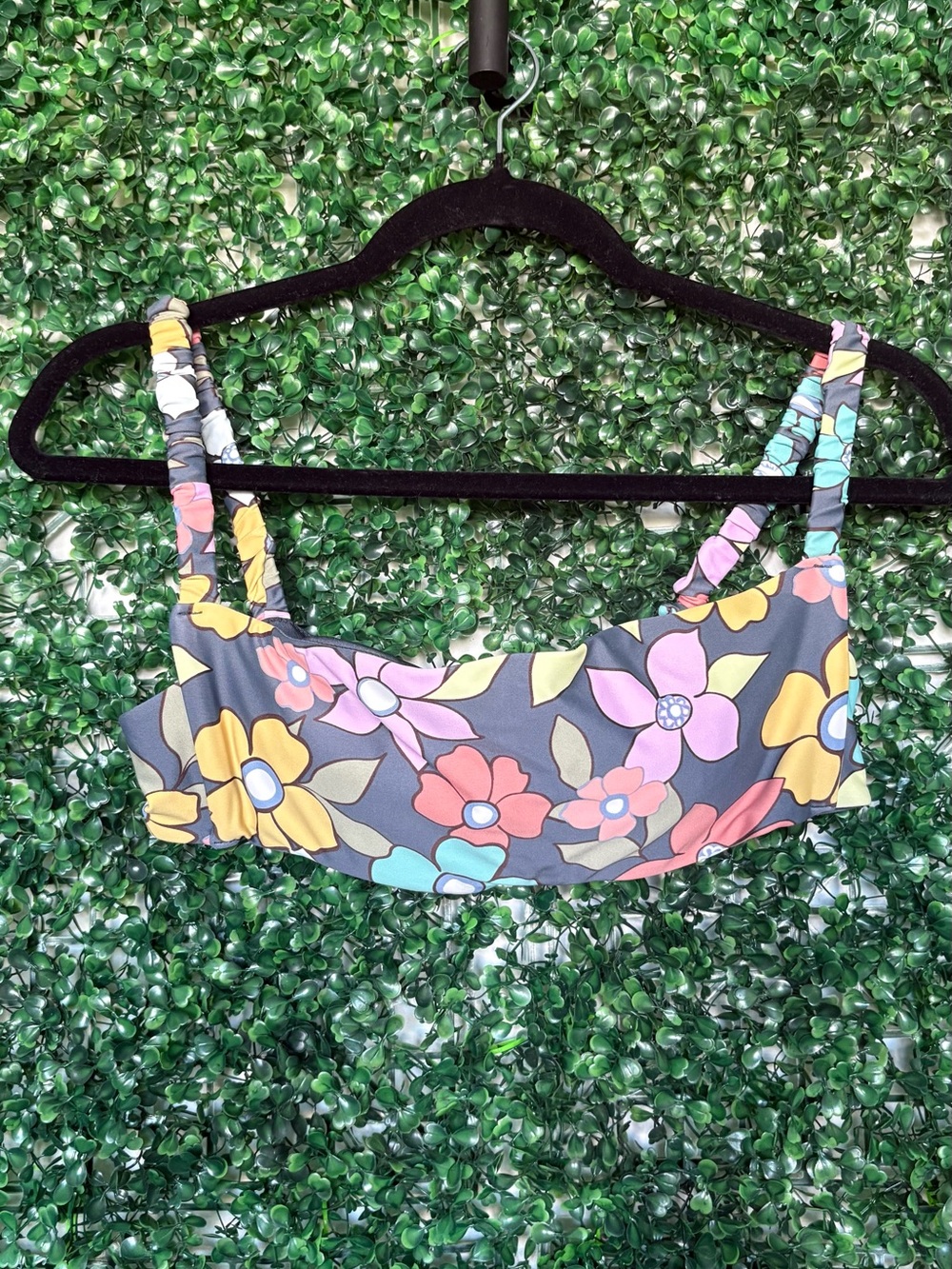 O'Neill Floral Bikini Top in Gray with Pink, Yellow, Coral & Teal Flowers